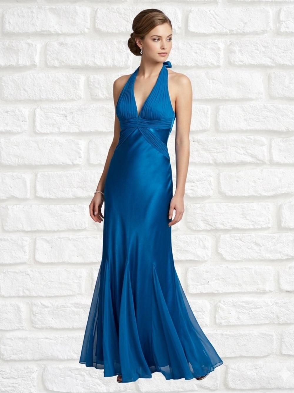 Beautiful Cache Satin Halter Prom Dress in Bright Blue with low back